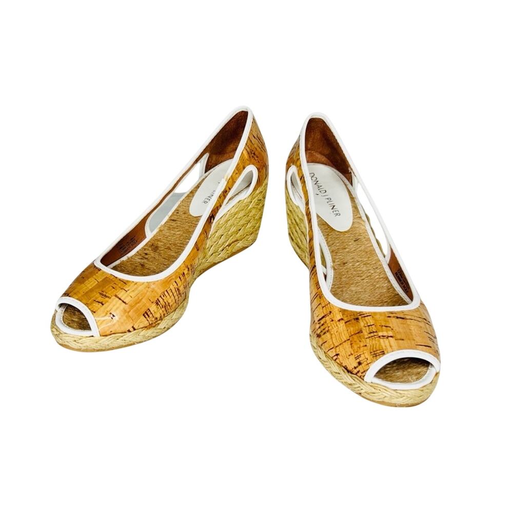 Donald Pliner Shoes 6.5M Charlot Cork Espadrille Wedge Peep Toe Tan White Resort
